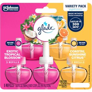 Glade PlugIns Refills Air Freshener, Exotic Tropical Blossoms & Coastal Sunshine Citrus, Scented and Essential Oils for Home and Bathroom, 0.67 Fl Oz, 5 Count