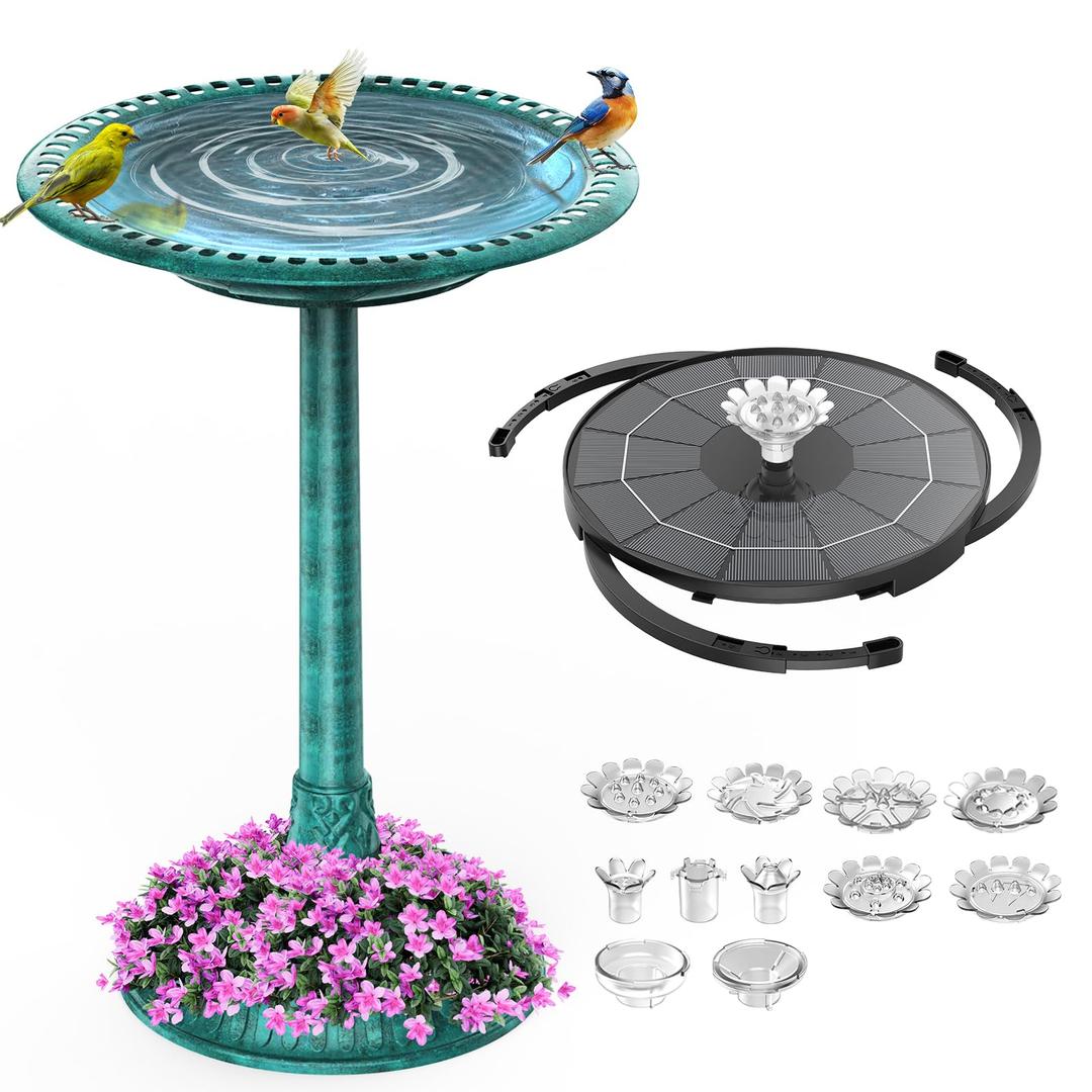 AISITIN 28 Inch Bird Bath with 3.5W Solar Fountain for Outside, Polyresin Pedestal Bird Baths for Outdoor Garden Courtyard Decoration, Weather-Resistant Birdbaths with 20" Bowl & 8 Nozzles, Green