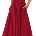 PRETTYGARDEN Women's Casual Dresses 2025 Summer Short Sleeve Ruched Patchwork A Line Pleated Swing Maxi Dress with Pockets, Red, Size XS
