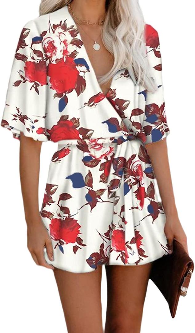 AIMCOO Women's Summer Deep V-Neck Floral Print Romper Ruffle Hem Half Flared Sleeve Jumpsuits Waist Tie Casual Short Romper (Large, White)