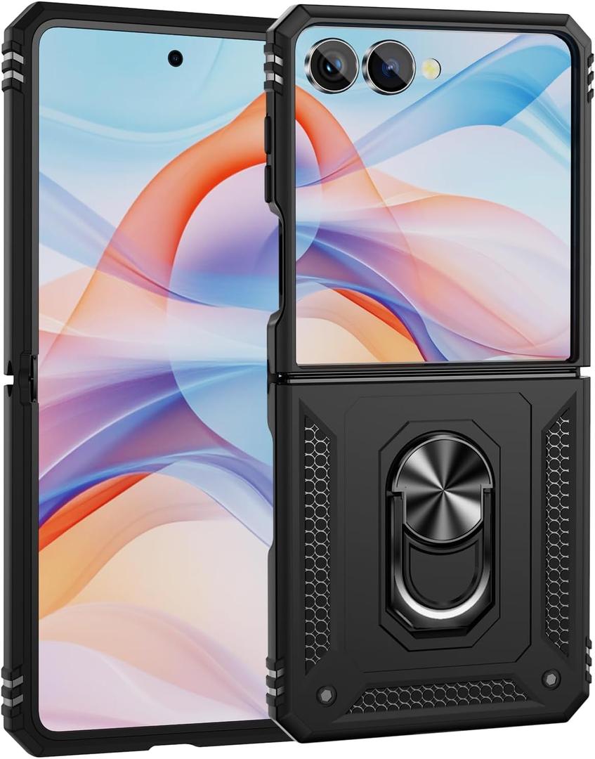 ONOLA Compatible with Samsung Galaxy Z Flip 7 Case with Hinge Protection and 360Rotate Ring Magnetic Kickstand. [Military-Grade] Phone Case for Galaxy Z Flip 7, Black