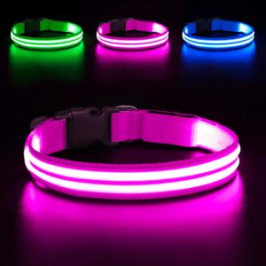 BSEEN Light Up Dog Collar - Glowing LED Dog Collar Rechargeable, Double Line Fiber Optic Adjustable Lighted Puppy Collar Dog Lights for Night Walking (Pink, Small)