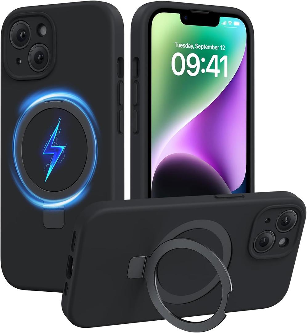 Miracase for iPhone 14 Case with Stand, Compatible with All MagSafe Accessories, Liquid Silicone Case Gel Rubber Shockproof Drop Protection Phone Case for iPhone 14 (Black Mag-Stand)