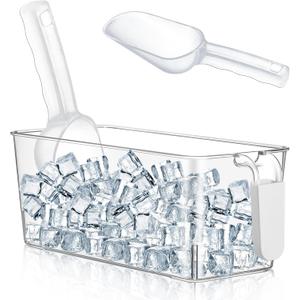 Havawish 1 Set Ice Bin and Flexible Scoop Set Plastic Freezer Ice Bin with Pull out Handle Storage Bucket Clear for Container with Bucket Scoop (10.83 x 4.92 x 4.33 in,Grey)