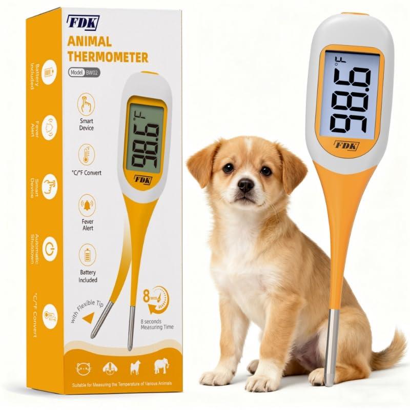FDK 8-Second Dog & Cat Thermometer, Fast Digital Pet Rectal Thermometer with Large Backlight Screen, Fever Alarm Flexible Comfortable Soft Tip, Waterproof Veterinary Supply for Animals C/F