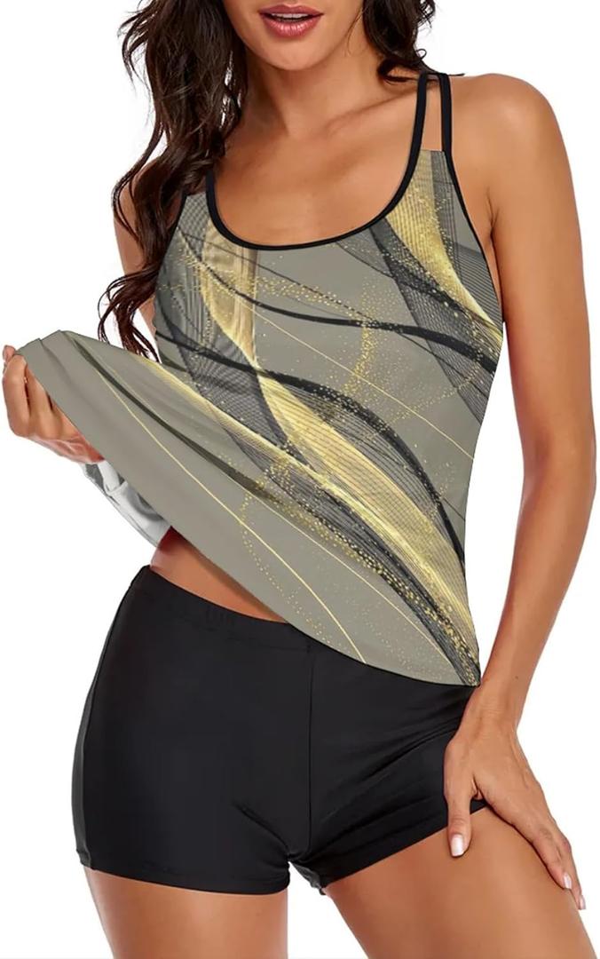 MARZXIN Tankini Swimsuit for Women Floral Two Piece Bathing Suit Swimwear Tank Top Swimwear with Boyshorts (Gray, XL)