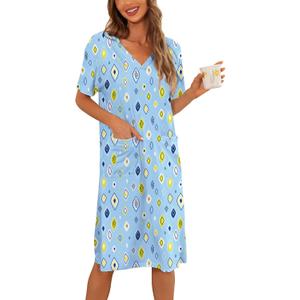 YYA Loose Nightgowns for Women Short Sleeve Sleepwear V Neck Nightshirt with Pockets Soft Pajama Dress S-3XL (L)