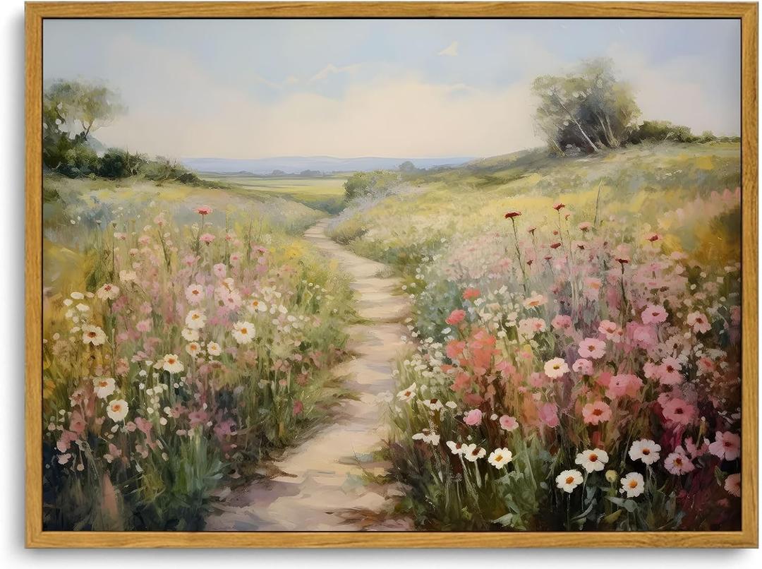 KISSFOX Vintage Wild flower Path Landscape Canvas Wall Art Spring Farmhouse Nature Floral Framed Wall Art Rustic Cottagecore Botanical Painting Art Prints Artwork For Living Room Bedroom Kitchen (12x16 in)