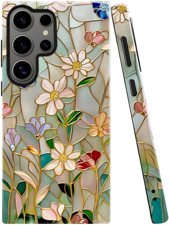 Case for Samsung Galaxy S25 Ultra,Stained Glass Bloom Flower Phone Case Drop Resistant Glossy 2 in 1 Solid Dual-Layer Cover for Girl Women