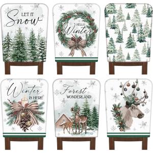 6 Pcs Winter Wonderland Chair Covers Hello Winter Chair Back Covers Frost Pine Tree Deer Chair Protector Slipcovers Washable Dining Room Seat Covers Winter Decor for Home Hotel Kitchen Indoor