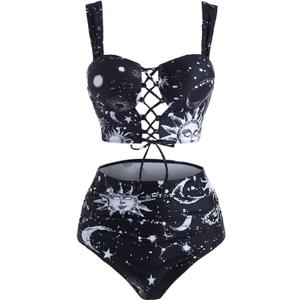 DRESSFO Bikini Set for Women Two Piece Bathing Suit High Waisted Bikini Gothic Sun and Moon Tummy Control Swimsuits (Small, Black_3)