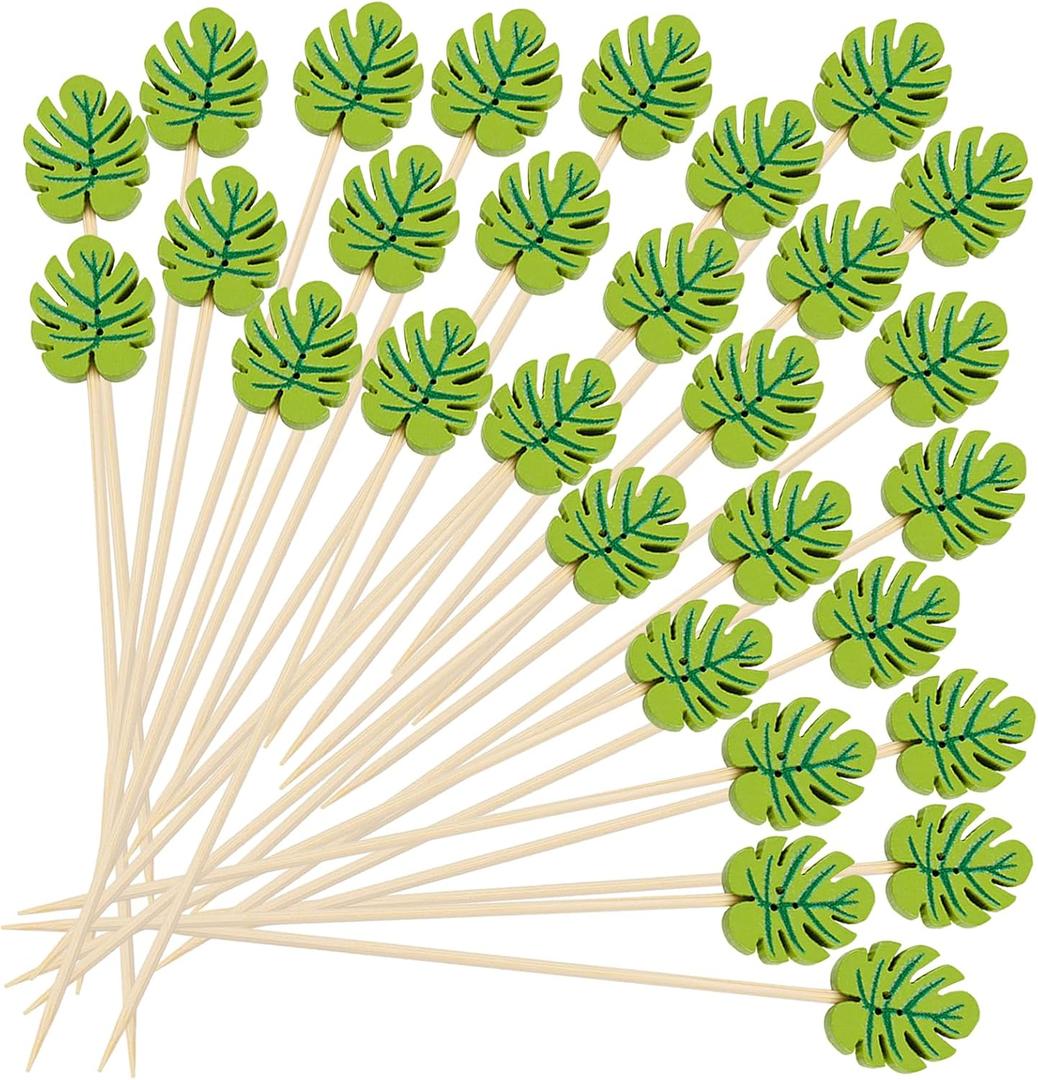 120pcs Green Monstera Leaf Cocktail Picks, 4.7inch Hawaii Monstera Bamboo Toothpicks for Summer Hawaiian Party Food Drinks Fruits Appetizer Cupcake Decoration
