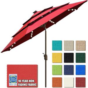 EliteShade USA 10-Year-Non-Fading 9ft 3-Tier Market Patio Umbrella, Commercial Table Umbrella with 80 Solar LED Lights, Crank Open, Windproof & UPF 50+ UV Protection for Garden, Deck, Pool, Backyard, Logo Red
