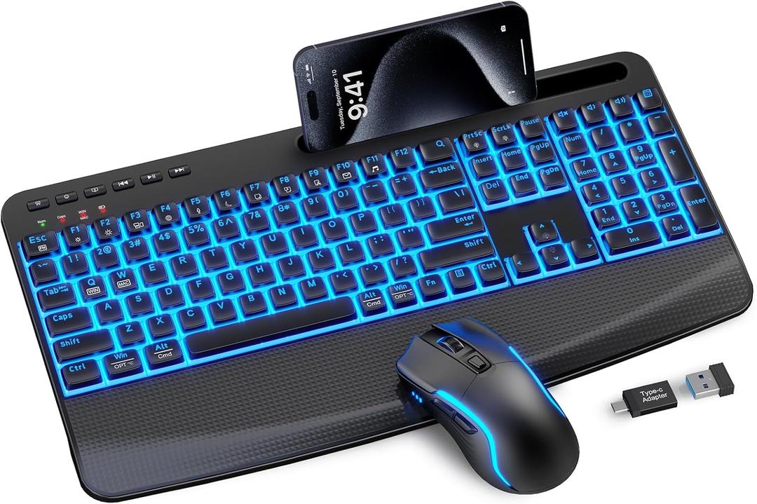 Wireless Keyboard and Mouse Combo,SABLUTE KM25Pro Rechargeable Backlit Ergonomic Keyboard with 4000mAh Battery, Wrist Rest and Phone Holder, Quiet for PC/Mac/Laptop/Windows/Chrome OS