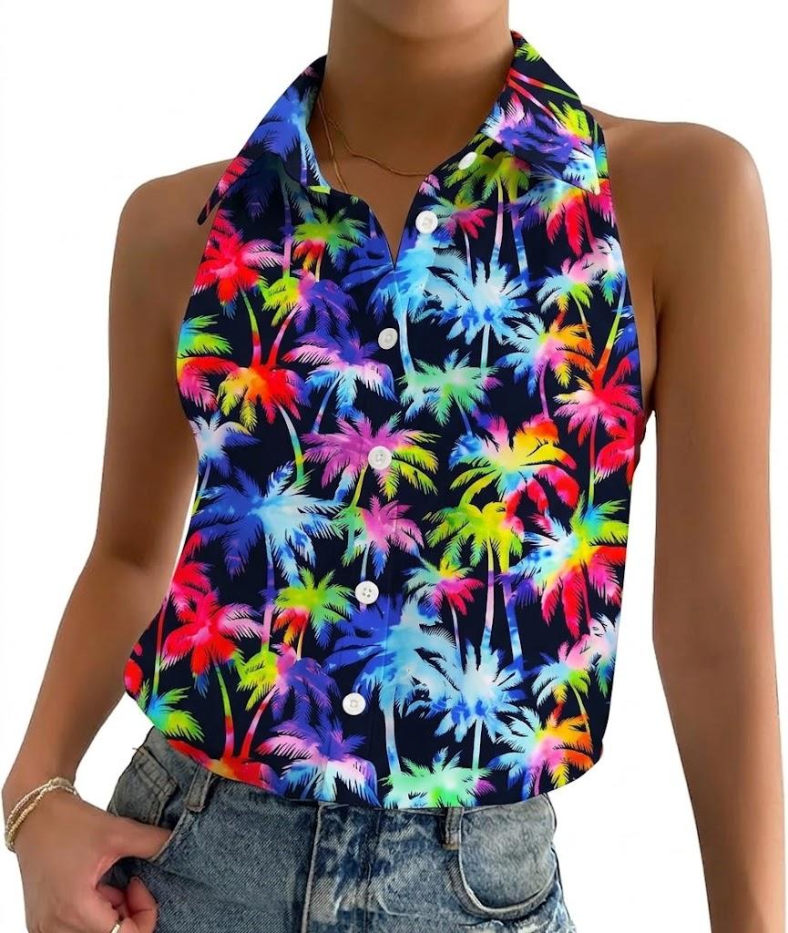 ASTANFY Women Hawaiian Shirts Summer Beach Tank Tops Colorful Sleeveless Vacation Shirts L