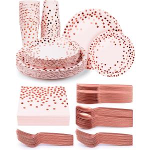 224 Pieces Party Supplies, Pink and Rose Gold Dots Party Plates Cups and Napkins Sets with Plastic Knives forks spoons, Disposable Tableware Serves 32 Sets for Wedding, Birthday, Graduation, Festivals