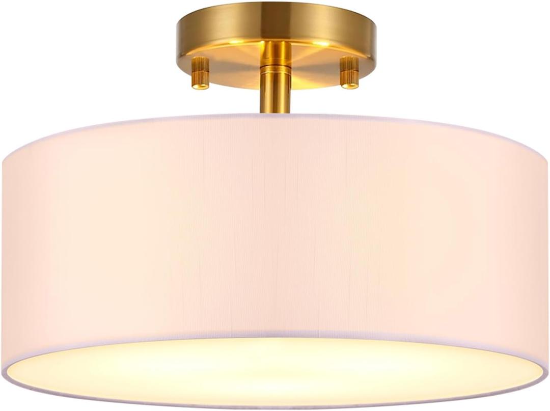 15 Inch Drum Light, Semi-Flush Mount Ceiling Light Fixture White Fabric Drum Shade and Gold Plating Finish, Ceiling lamp for Bedroom, Dining Room, Corridor, Living Room