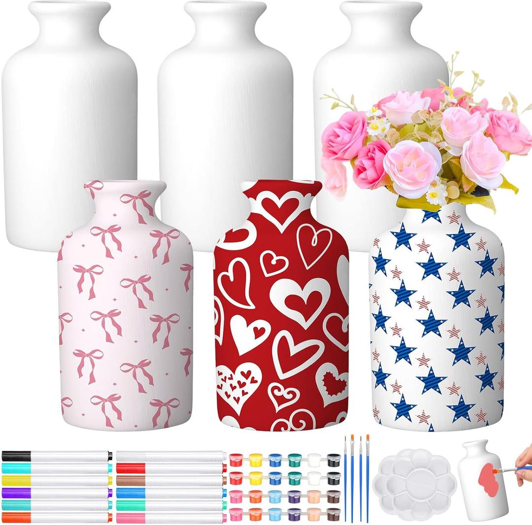 Singhoow 6 Set Paint Your Own Porcelain Vases Paint Vase Project White Ceramic Vases Painting Kit for Adults Porcelain Vase Decorating Kit with Art Supplies DIY Craft(Bright)