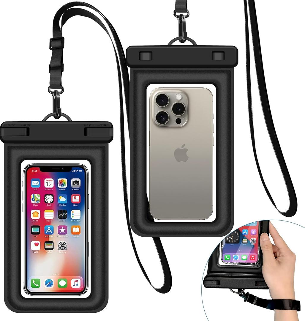 2 x IPX8 Floating Waterproof Dry Bag 2-Pack, 7.2 Inch Waterproof Phone Pouch for iPhone 16/15/14 Pro Max Galaxy S24/S23 Adjustable Lanyard + wrist strap Beach Swimming Travel Essentials Black