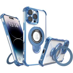 Magnetic case for iPhone 14 Pro with Full Camera Lens Protection(Compatible with MagSafe),Military Shockproof Slim Electroplate Bumper Clear Cover Built-in Invisible Ring Stand,Blue