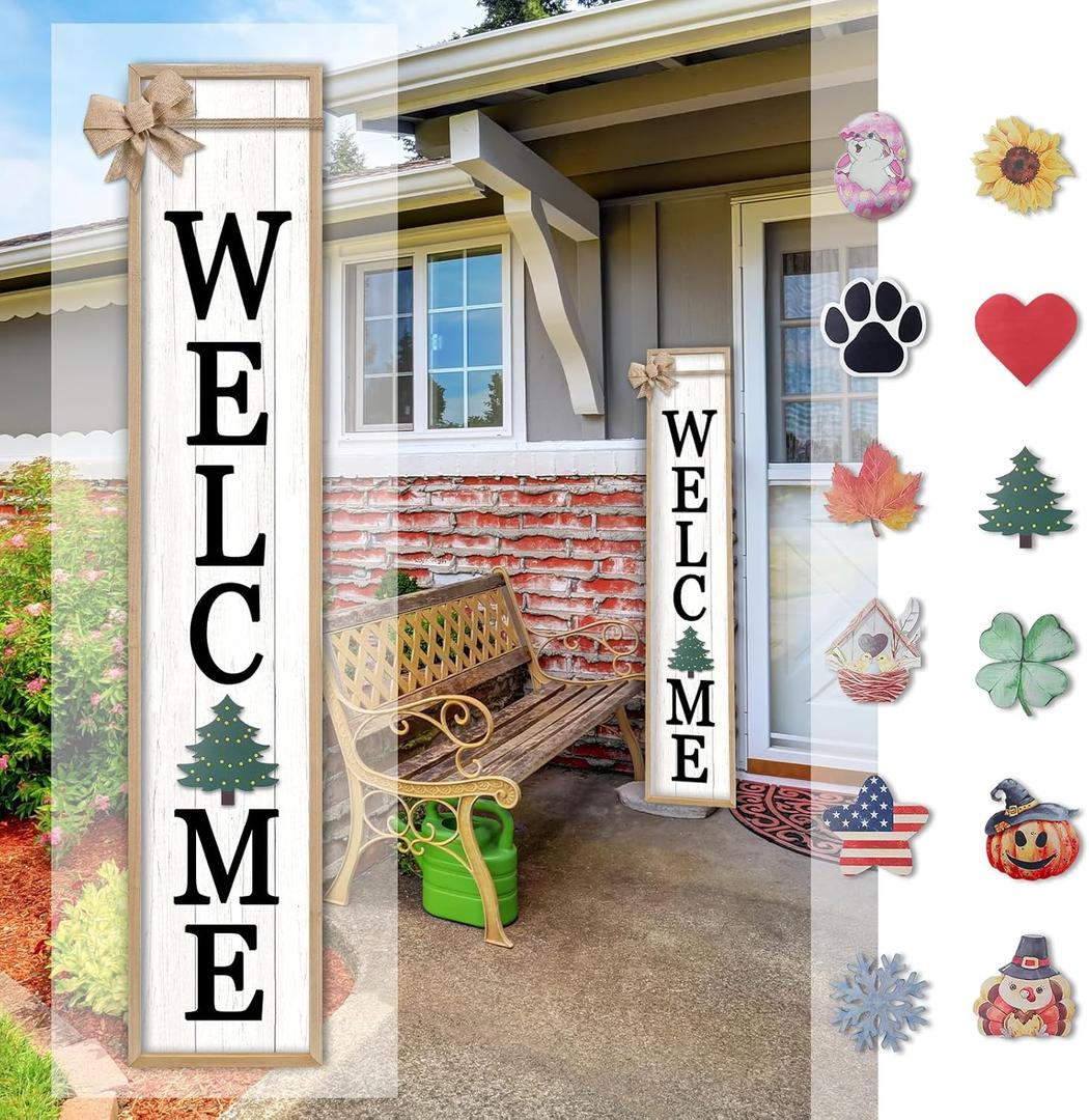 Interchangeable Welcome Sign for Front Door Standing, 45"X9" with 12 Pcs Replaceable Icons Rustic Outdoor Tall Front Porch Farmhouse Outside Wreath Leaner Vertical Decor (Wood)