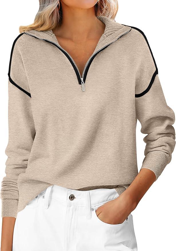 ANRABESS Womens Quarter Zip Sweaters Fall Long Sleeve V Neck Shirts Collared Business Casual Tops Knit Pullover Sweatshirts Almond M