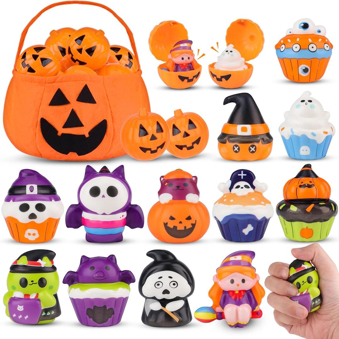 25pcs Halloween Party Favors for Kids Squishy Toy Halloween Prefilled Pumpkin Filler Toys with Bucket Halloween Goodie Bag Stuffers Pinata Stuffer for Kids Prizes Box Bulk Toys