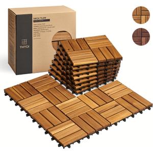 THYOI Acacia Wood Interlocking Deck Tiles (12" x 12"), Deck Flooring Outdoor Waterproof All Weather, Tiles for Patio, decking Tiles for Indoor and Outdoor use (Golden Teak 12S, 10 Pcs - 10 Square Ft)