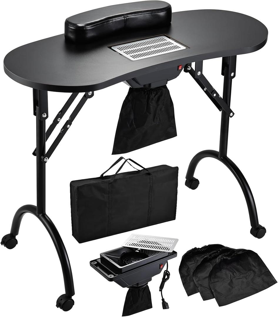 Nail Table with Nail Dust Collector, Portable Nail Desk Rolling Manicure Table for Nail Tech Travel Nail Station Professional Foldable Nail Salon Table with Cacuum,Arm Rest,Lockable Wheels, Bag (Black)