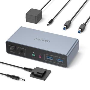 Alxum HDMI DP USB 3.0 KVM Switch with Audio and Microphone Ports-2 Monitors to 2 Computers Dual Mode Switching 4K@60Hz 3 USB A 5Gbps,Includes 2 USB-B Cables,DC 5V Power Adapter and Desktop Controller