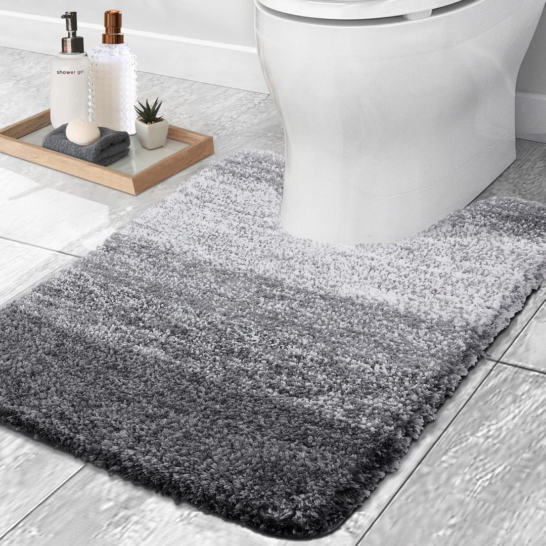 OLANLY Luxury Toilet Rugs U-Shaped 24x20, Extra Soft and Absorbent Microfiber Bathroom Rugs, Non-Slip Plush Shaggy Bath Mat, Machine Wash Dry, Contour Bathroom Mats for Toilet Base, Grey