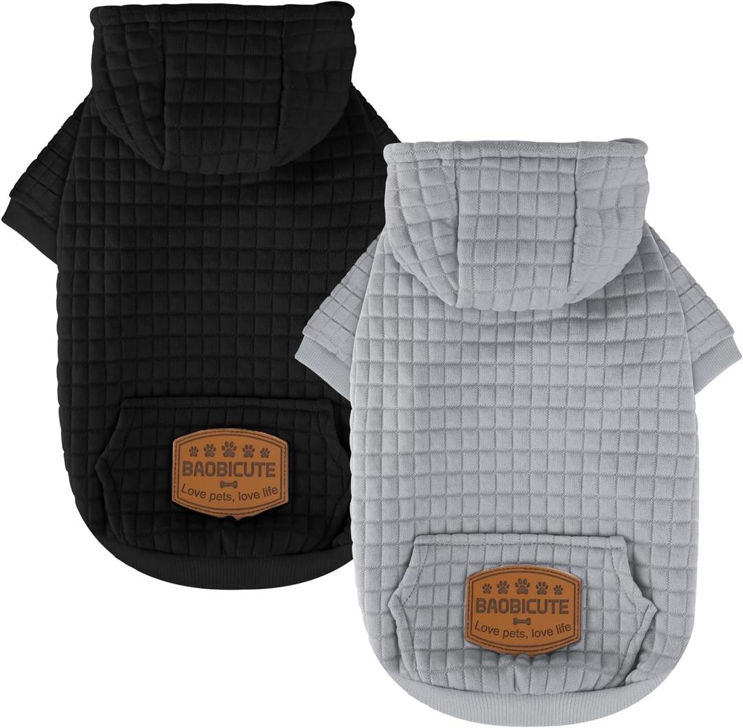 2 Pack Dog Hoodie Sweaters for Small Medium Dogs Warm Dog Clothes for Large Dogs Soft Waffle-Like Laminated Sweatshirt Bulldog (Black+Grey, S (Back: 11.5",Chest: 15.5", Neck: 10"))