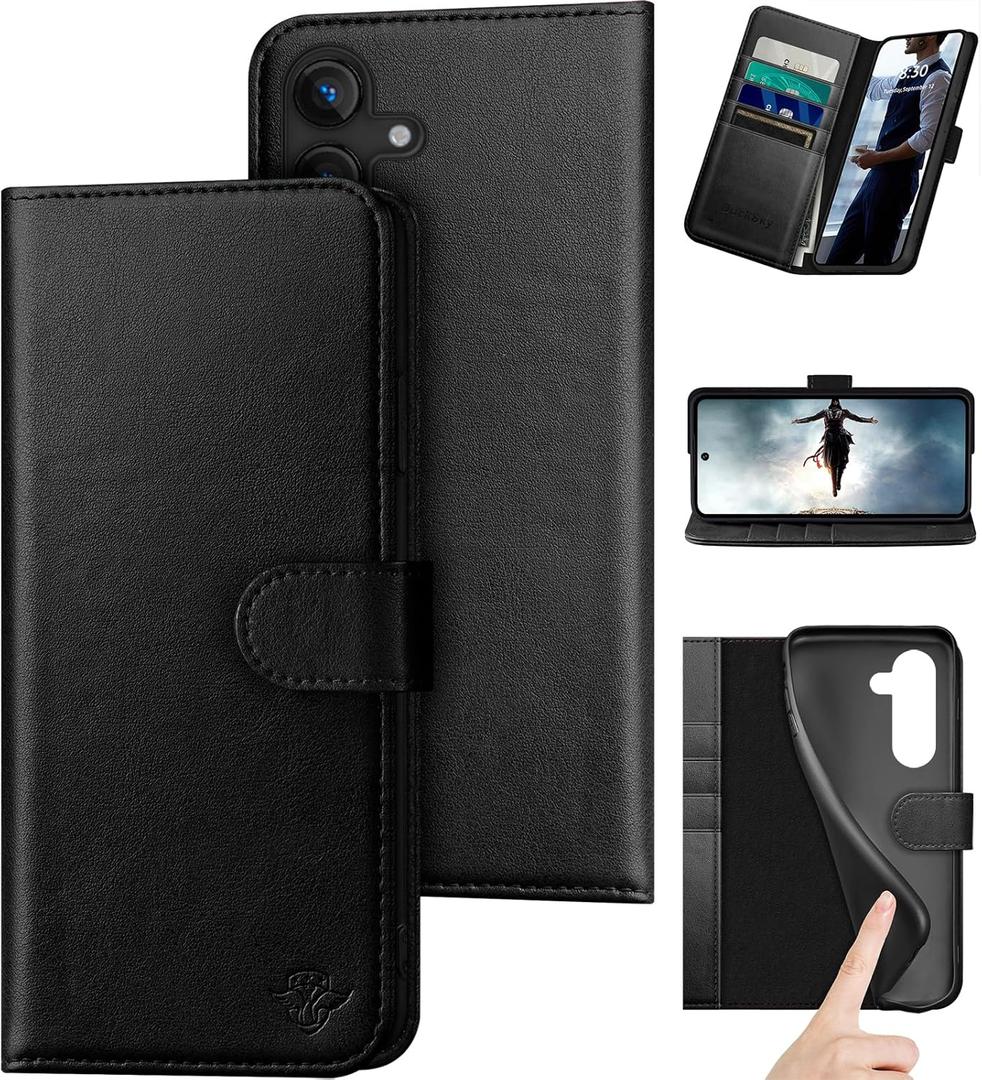 DuckSky Compatible with Samsung Galaxy S25 FE Genuine Leather Wallet caseRFID Blocking4 Credit Card HolderReal Leather Flip Phone case Cover Women Men for Samsung S25FE case Black