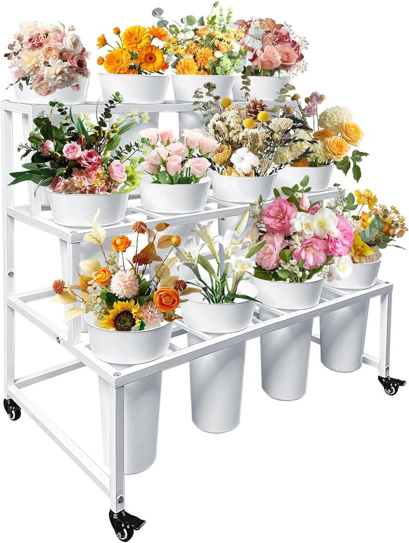 PROLEE Flower Stand with 12 Buckets, Flower Display Stand with Wheels, Flower Cart, Moving Florist Bouquet Shelf, Rectangular, White