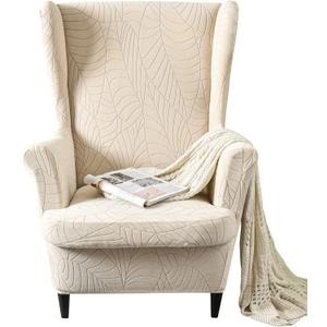 MIFXIN Wingback Chair Slipcover 2 Piece Stretch Wing Back Chair Cover with Cushion Cover Soft Washable Armchair Furniture Protector for Living Room Bedroom (Jacquard Beige)
