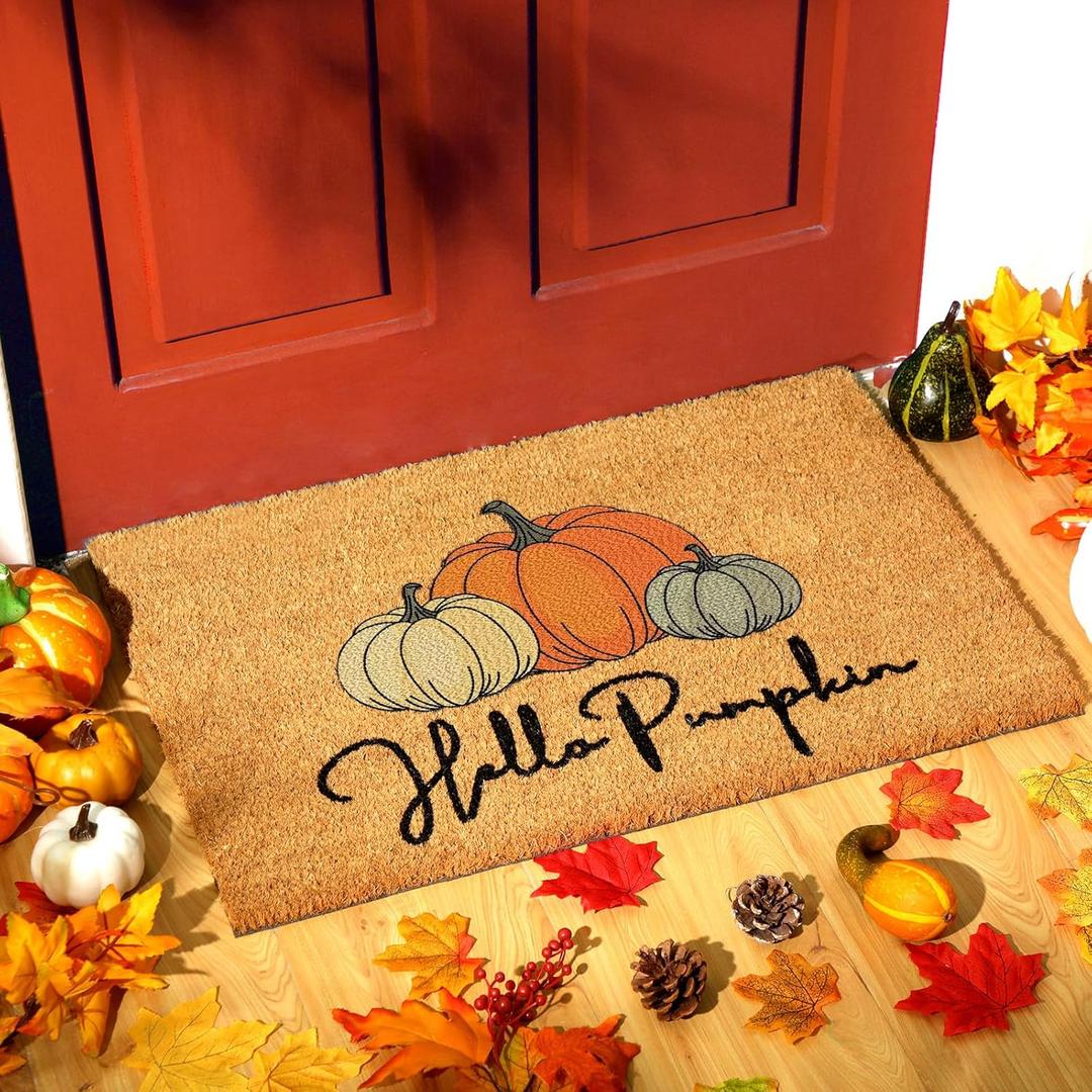 Fall Coir Doormat Football Pumpkin Style Coir Welcome Mats Autumn Non Slip Floor Mats Thanksgiving Indoor Entrance Door Mat Porch Front Decor, 16 x 28 Inch(Hello Pumpkin)