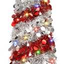 5FT Christmas Trees with 90 Lights, Collapsible Artificial Sequin Pop Up Christmas Tree, Tinsel Slim Pencil Christmas Tree for Home Holiday Fireplace Party Indoor Outdoor Xmas Decorations (Sliver&Red)