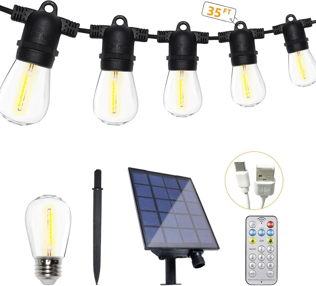 35FT Solar String Lights, 2200K S14 LED Globe Outdoor Lights for Patio with 16 Edison Vintage Shatterproof Bulbs, Connectable Backyard Lights for Bistro, Porch, Cafe