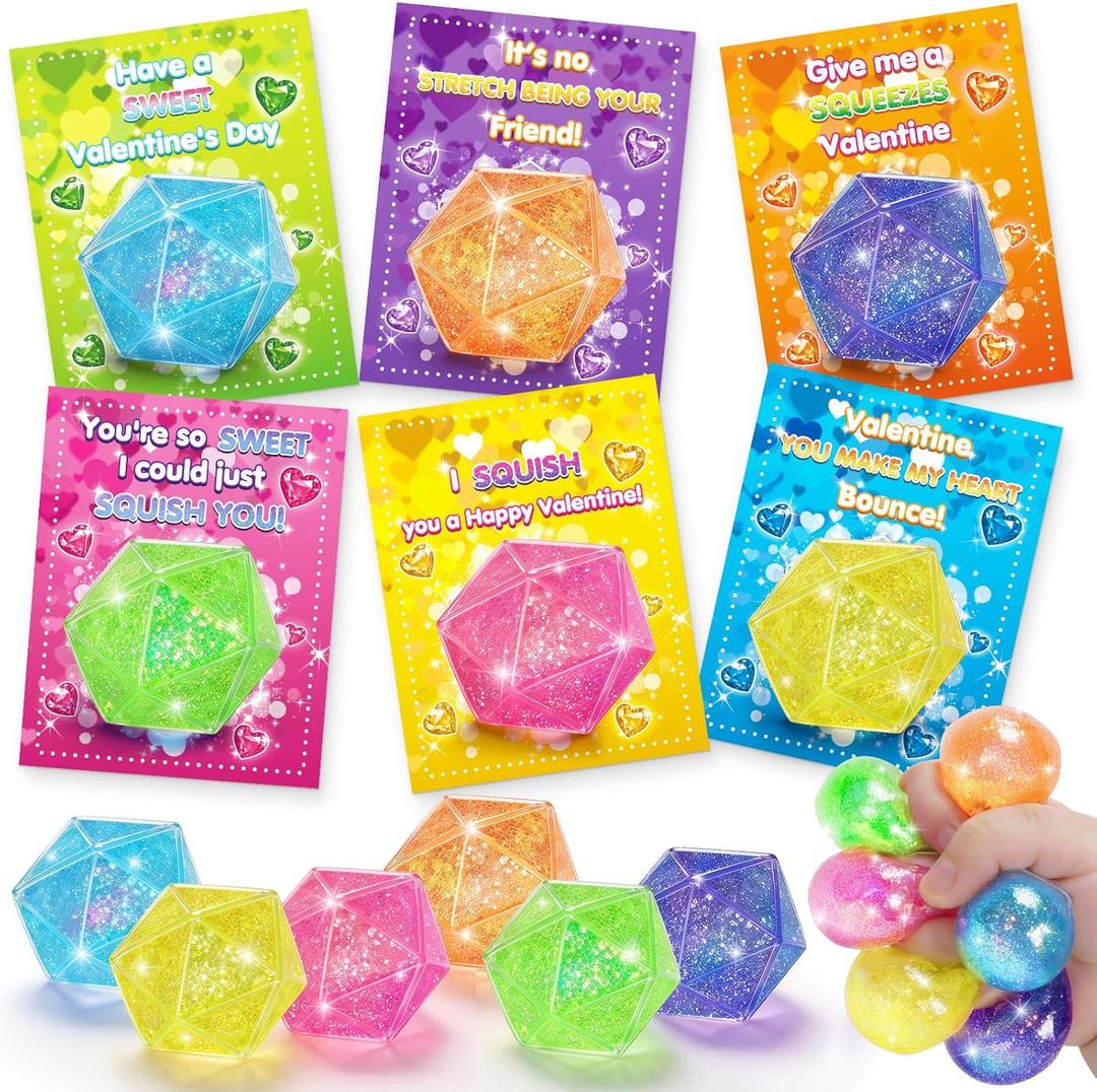 Valentines Day Gifts for Kids, 24 Packs Stress Balls with Valentines Day Cards for Kids School, Stress Relief Squeeze Toys for Boys Girls, Valentine Exchange Cards for Kids, Valentines Party Favors
