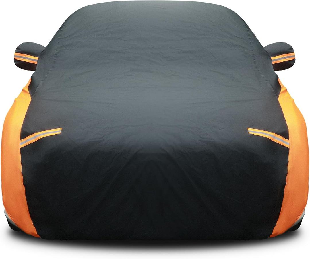 Riakrum Full Car Cover Waterproof All Weather for Automobiles Windproof Cover Rain UV Protection Sun Scratch Resistant Outdoor Universal(Fit Sedan Length (194-208'') 59'' H,Black, Orange)