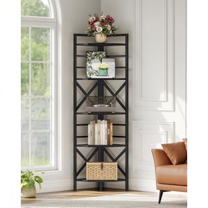 CHOEZON 69.3" Corner Shelf 5-Tier, Large Corner Shelving Unit, Freestanding Storage Stand for Bedroom, Living Room, Kitchen, Industrial Engineered Wood Bookshelf Organizer, Black TCJ15BB