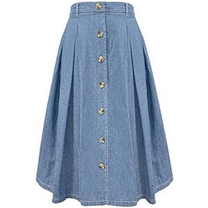 HERBATOMIA Pleated A-line Midi Skirt Elastic Waist Button Front Casual Flared Long Skirts with Pocket for Women, L