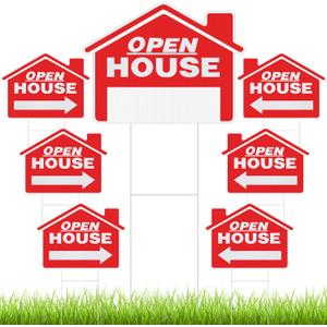 Pinkunn 7 Packs Open House Signs for Real Estate, 18 x 14 Inch Double-sided Plastic with Metal H-stakes, Weather Proof Open House Directional Yard Board for Estate Agent Property Sale(Red)