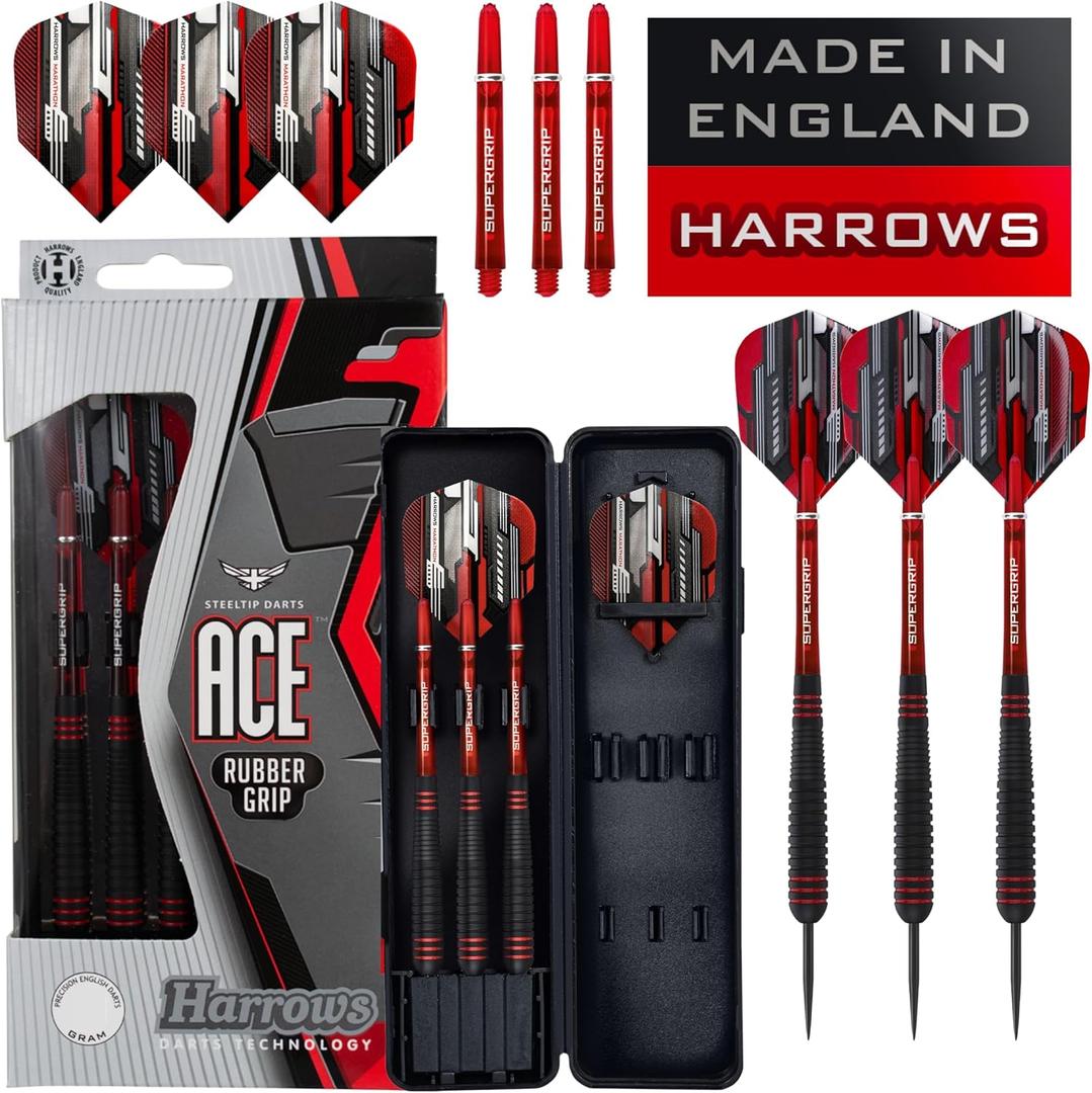 Harrows Ace Rubber Brass Steel Tip Darts Set Available in 20g, 22g, 24g & 26g - Includes Supergrip Shafts, Micron Marathon Flights & Convenient Travel Case