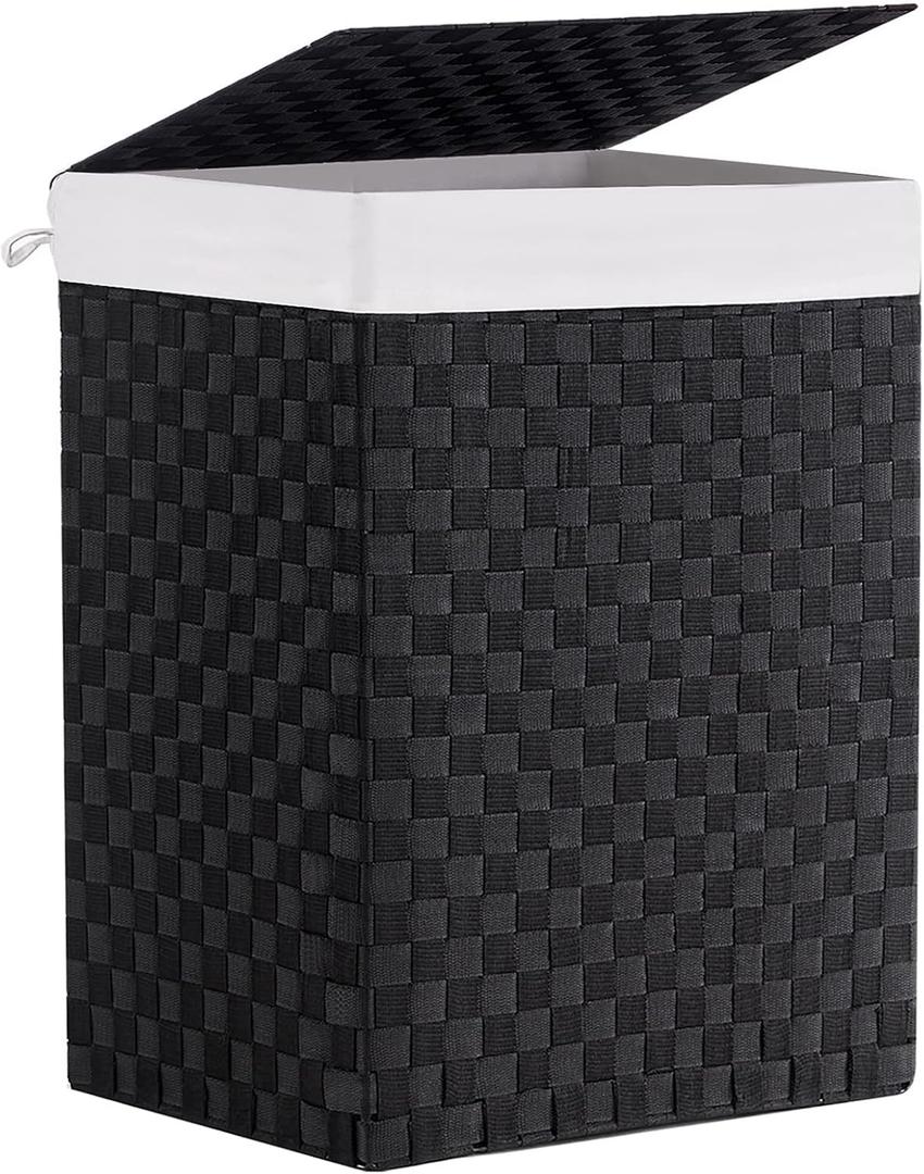 YOUDENOVA Handwoven Laundry Basket Hamper with Removable Liner Bag and Lid, Collapsible Clothes Hamper with Handle, Black, 90L
