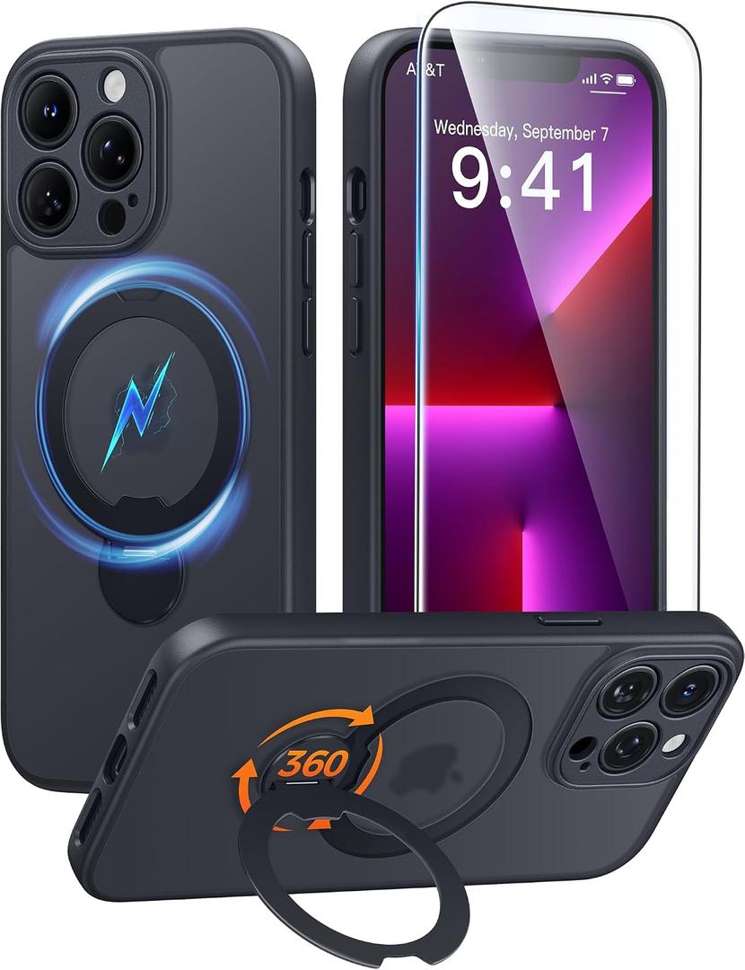 FNTCASE for iPhone 13 Pro-Max Case: [360 Spin Magnetic Stand] [Compatible with Magsafe] [Screen Protector] Translucent Matte Military Grade Shockproof Full Camera Protective Phone Cover - Black