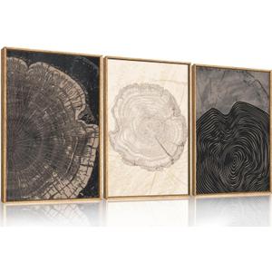 Beige Pastel Wood Tree Rings Framed Canvas Wall Art Set,Modern Nature Grey Wood Stump Wall Decor,Vintage Minimalist Tree Spiral Art Print for Living Room,Bedroom,Dining Room,Office-16 x24 x3
