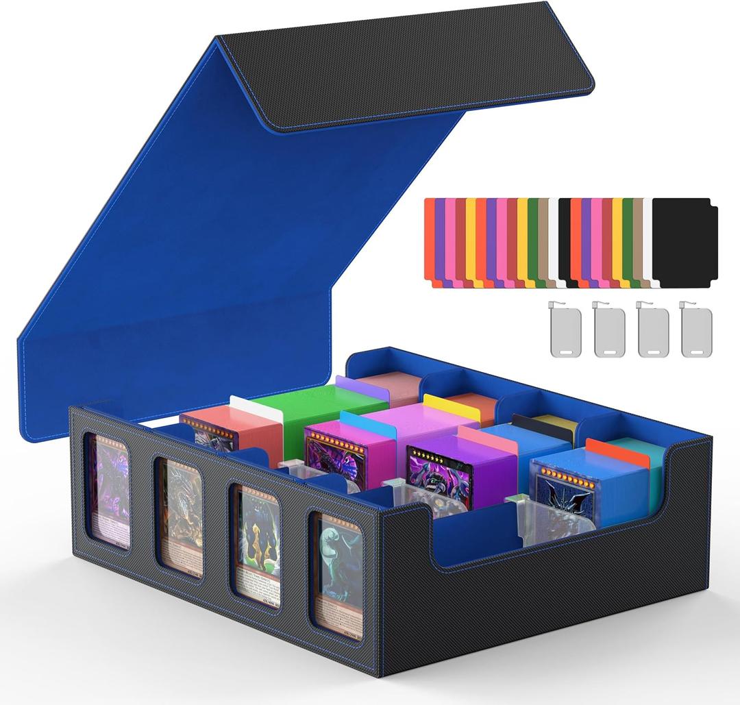 Miroddi Trading Card Storage Box, 3000+ MTG Deck Box, Commander Card Deck Case with Removable Cover, 4-Row Trading Card Case Fit for MTG TCG, YugiOh, 24 Colorful Dividers, 4 Stoppers, Black Blue