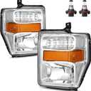 Halogen Headlights Assembly for 2008 2009 2010 Ford F250 F350 F450 F550 Super Duty Headlamp Replacement, High/Low Beam W/Bulbs, Driver&Passenger Side