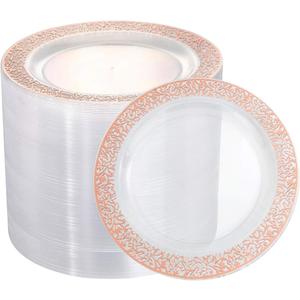 I00000 102 Pieces Rose Gold Plastic Lunch Plates, 10 Clear Disposable Dinner Plates with Rose Gold Lace Rim, Ideal for Big Parties or Wedding for Wedding & Party